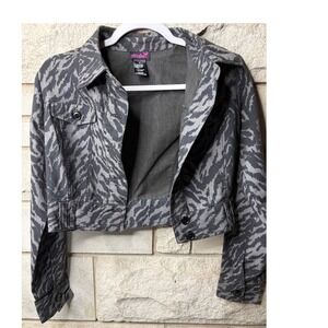 Flirtatious Women Grey Black Zebra Animal Print Cropped Denim Jacket Size S